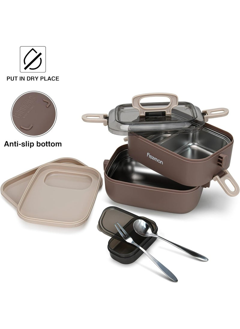 Fissman Double Deck Lunch Box 1.8L with Sauce Cup, Spoon and Fork Compartment, Food Grade Stainless Steel Container  - Image 2