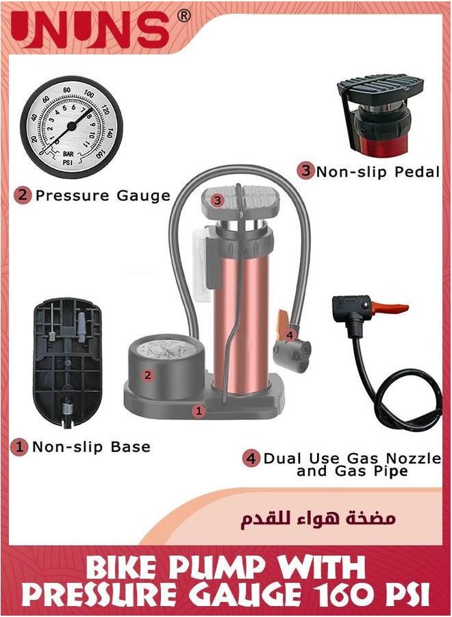 UNUNS Bike Pump With Pressure Gauge,160 PSI Presta Schrader Adapter Valve,Portable Foldable Bicycle Tire Pump,Aluminum Alloy Mini Air Pump,Universal Pumps For Balls Basketball Motorcycles Car,Red - Image 2