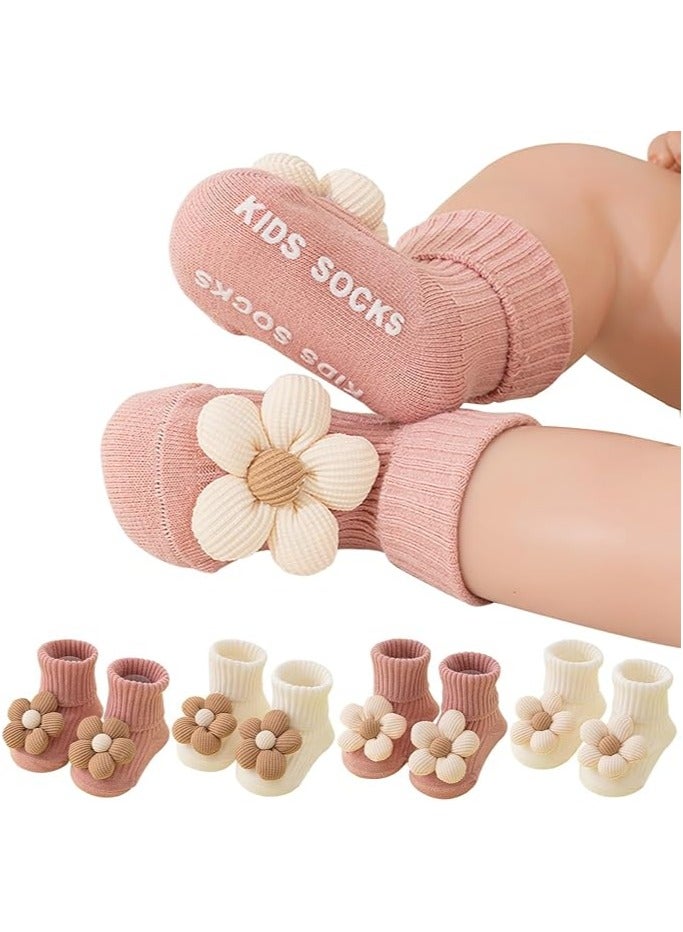 4 pairs of baby non-slip socks, toddler socks with traction, adorable floral design baby crew socks, perfect for active little ones—comfortable and safe. - Image 1