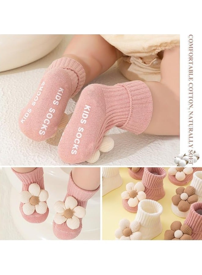 4 pairs of baby non-slip socks, toddler socks with traction, adorable floral design baby crew socks, perfect for active little ones—comfortable and safe. - Image 3