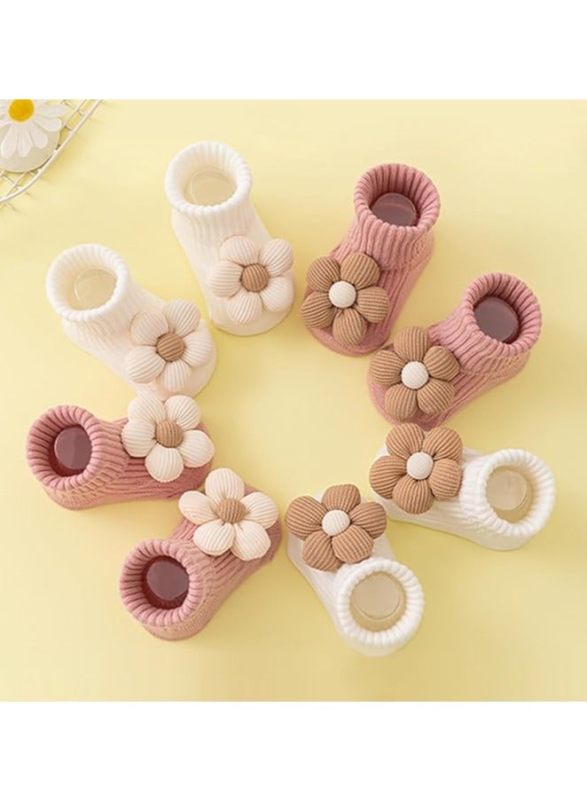 4 pairs of baby non-slip socks, toddler socks with traction, adorable floral design baby crew socks, perfect for active little ones—comfortable and safe. - Image 5