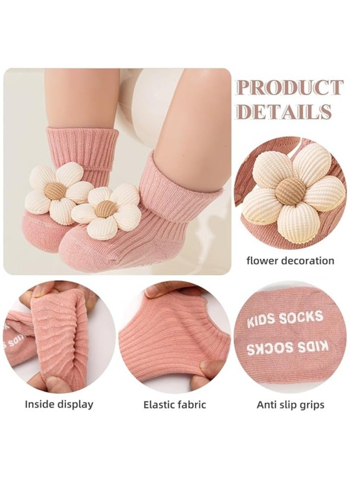 4 pairs of baby non-slip socks, toddler socks with traction, adorable floral design baby crew socks, perfect for active little ones—comfortable and safe. - Image 2