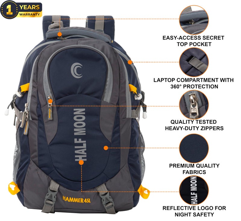 Half Moon 45L Hammer Waterproof Rucksack Bags for Man/Trekking Bags for Men | With 17.3" Laptop Compartment & Rain cover | For Trekking, Hiking, Travel Backpack for Men & Women (Navy Blue) - Image 3