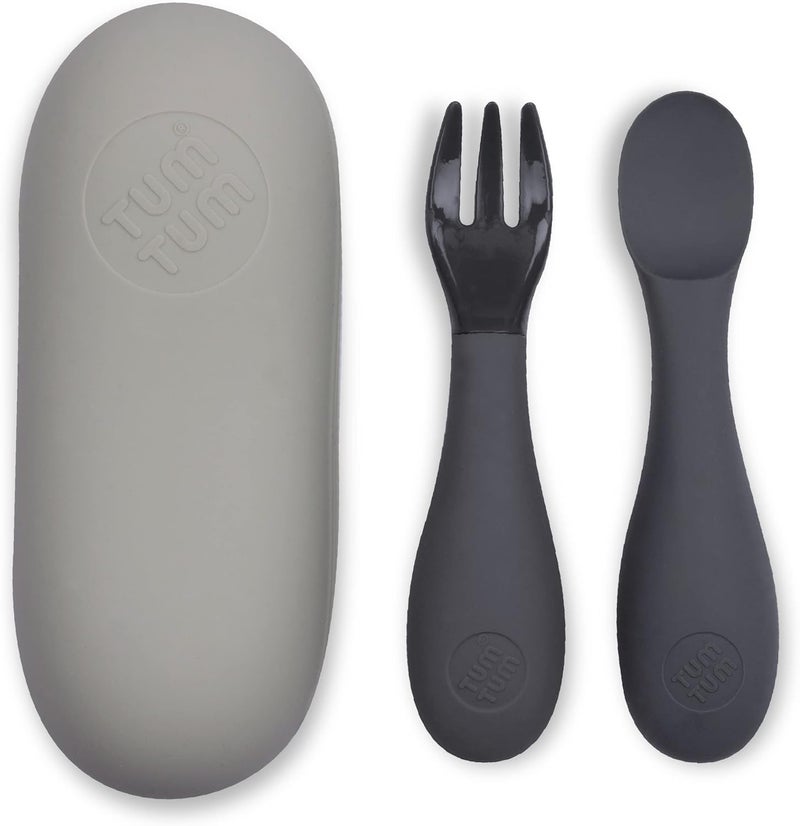 TUM TUM Baby Cutlery Set With Case Spoon  Fork for Self Feeding Silicone 6 Months Plus Grey - Image 1