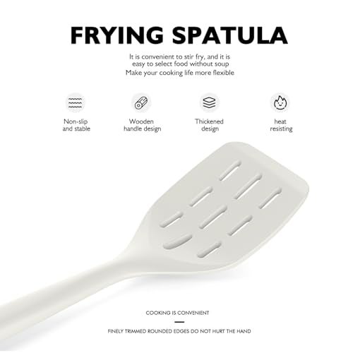 AVGPD Large Silicone Cooking Utensils Set - Heat Resistant Silicone Kitchen Utensils for Cooking w Wooden Handles, Spatula Set, Kitchen Utensil Gadgets Sets for Non-Stick Cookware, BPA Free (Cream White) - Image 2