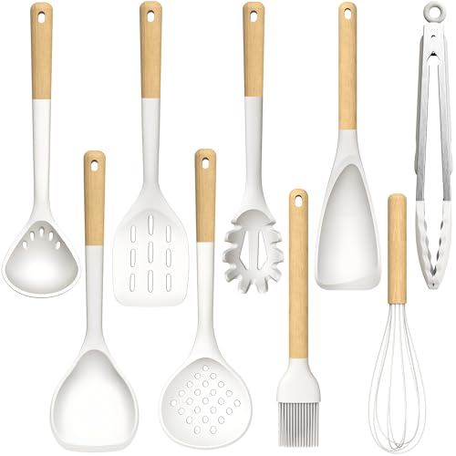 AVGPD Large Silicone Cooking Utensils Set - Heat Resistant Silicone Kitchen Utensils for Cooking w Wooden Handles, Spatula Set, Kitchen Utensil Gadgets Sets for Non-Stick Cookware, BPA Free (Cream White) - Image 1
