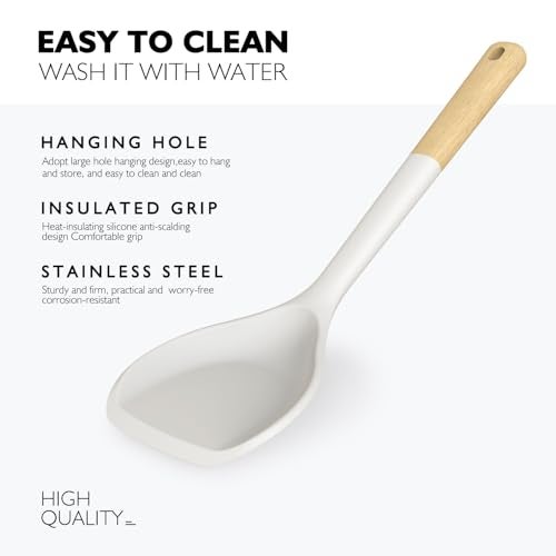AVGPD Large Silicone Cooking Utensils Set - Heat Resistant Silicone Kitchen Utensils for Cooking w Wooden Handles, Spatula Set, Kitchen Utensil Gadgets Sets for Non-Stick Cookware, BPA Free (Cream White) - Image 3