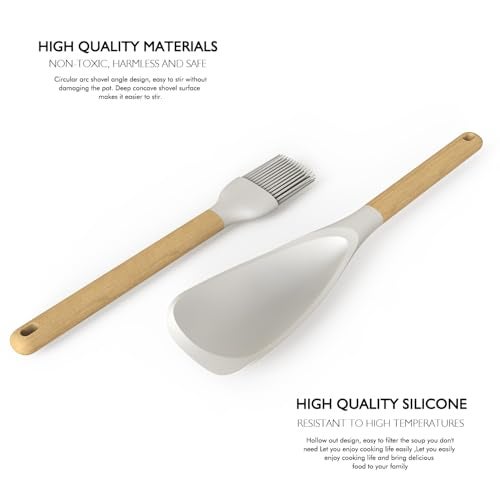 AVGPD Large Silicone Cooking Utensils Set - Heat Resistant Silicone Kitchen Utensils for Cooking w Wooden Handles, Spatula Set, Kitchen Utensil Gadgets Sets for Non-Stick Cookware, BPA Free (Cream White) - Image 4
