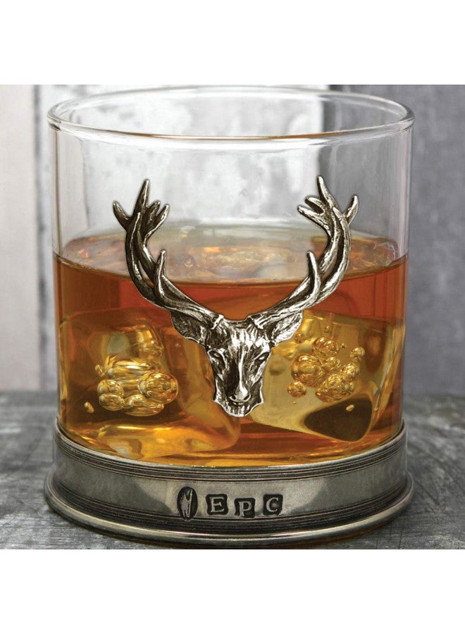 English Pewter Company Sheffield, England English Pewter Company 11oz Old Fashioned Whisky Rocks Glass With Stag Deer Head Antler and Pewter Base [STAG104]  - Image 1