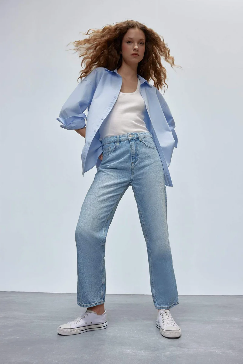 DeFacto Straight Fit High Waist Ankle Length Washed Jeans