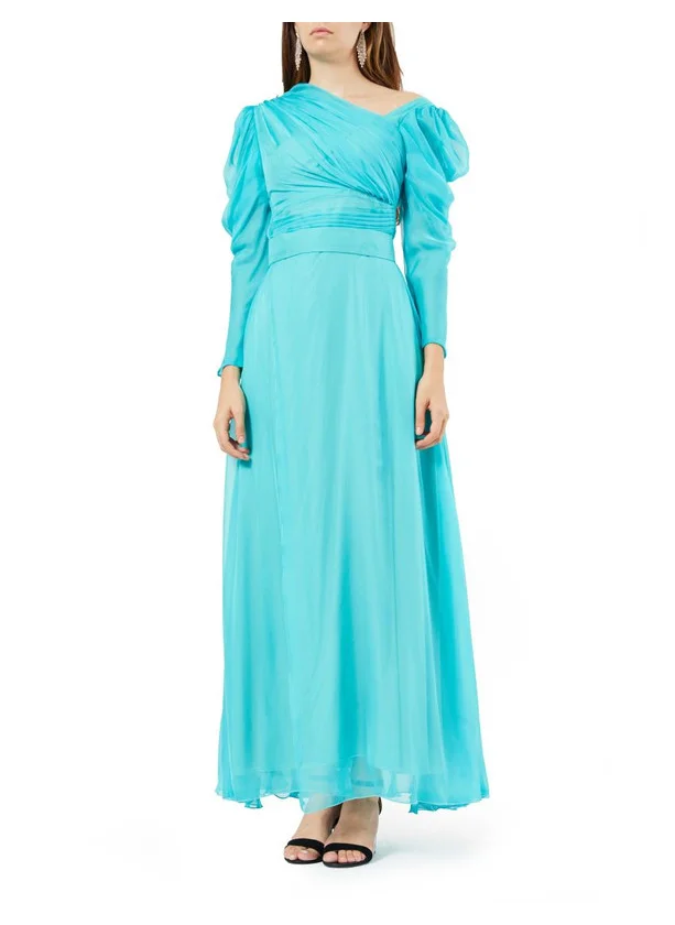 امري Ruched Bodice Puff Long Sleeve Gown