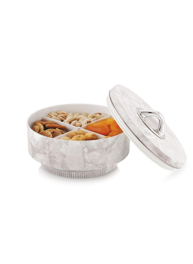 Nabhya Marble Print Revolving Round Shape 4 Section Multipurpose Dry Fruit Storage Container Set Box with Air-Tight Lid, Plastic Utility For Serving Sweets, Chocolates, Candy, Pickle & Kitchen (White) - Image 1