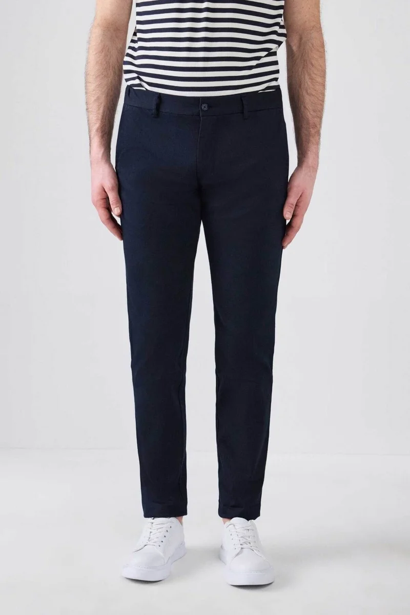 دي أس دامات Slim Fit Navy Blue Dobby Side Waist Elastic Flexible Lycra Side Pocket Chino Trousers 2HCC3ORT20001