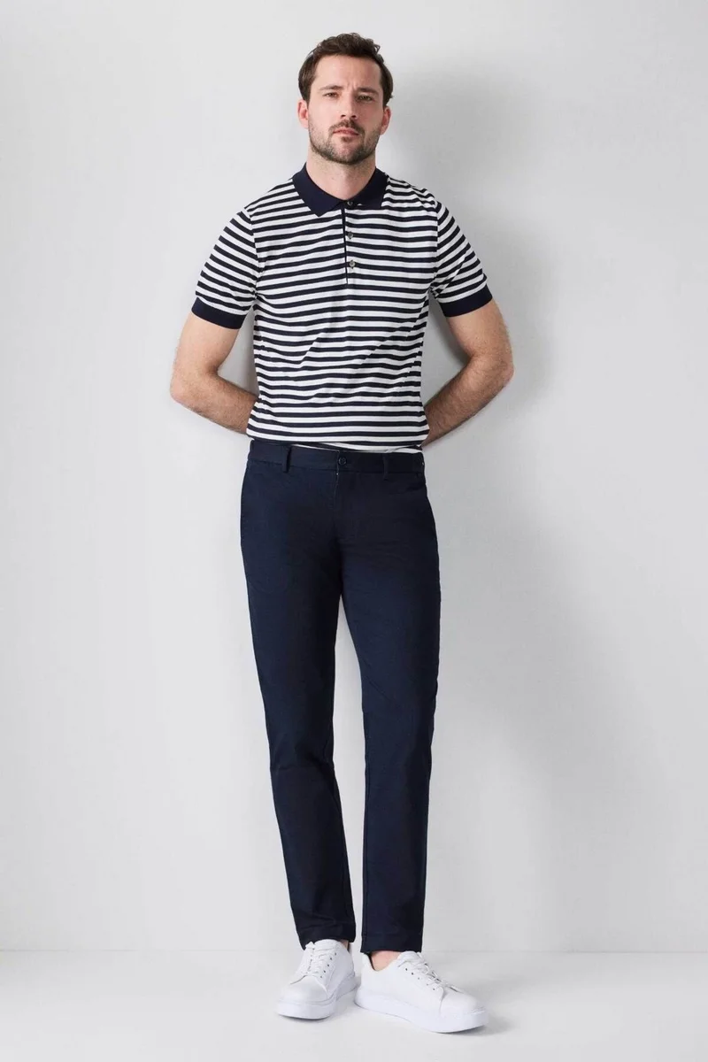 دي أس دامات Slim Fit Navy Blue Dobby Side Waist Elastic Flexible Lycra Side Pocket Chino Trousers 2HCC3ORT20001