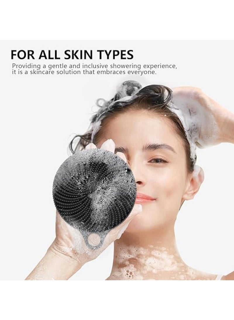3 in 1 Silicone Brush, Face Towel, Body Shower Scrubber and Scalp Hair Massager Shampoo Brush, Deeply Cleanse Skin, Dandruff Removal and Hair Growth, Gentle for Women Men Sensitive Skin,  Food-Grade Silicone Body Scrubber Bath Shower Cleansing Brush, Gentle Exfoliating and Massaging, Nice Foaming, More Hygienic and Last Longer ,1 Pack (Black) - Image 1