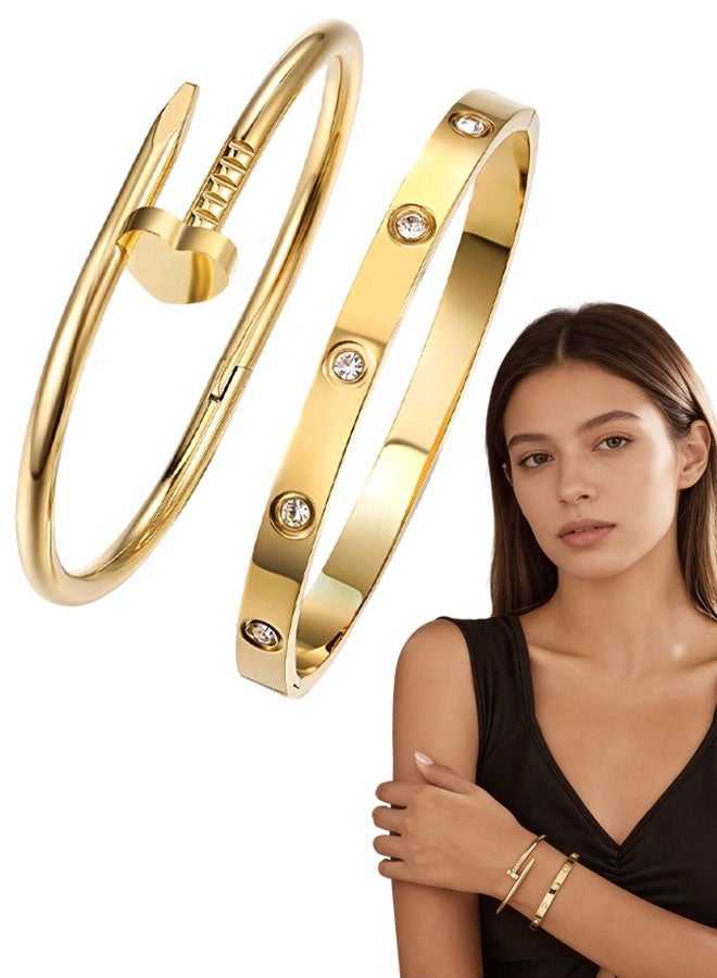 18K Gold Plated Love Nail Bangle Bracelet Set Stackable Dupes Stainless Steel Bangle Set For Love Trendy Jewelry - Image 1