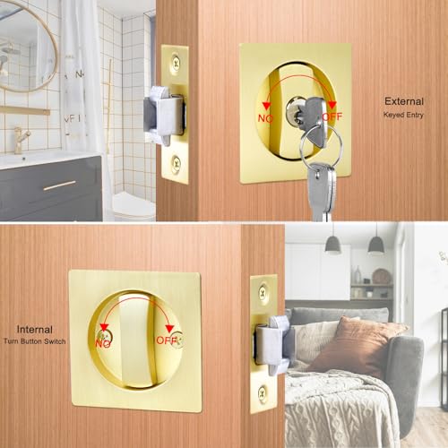 Dontay 2 Pack Pocket Door Lock with Key Contemporary Entrance Sliding Barn Door Lock Latch Recessed 2 Sided 2 38 Backset Flush Handles Hardware Excluding Edge Pull Satin Brass Square - Image 3