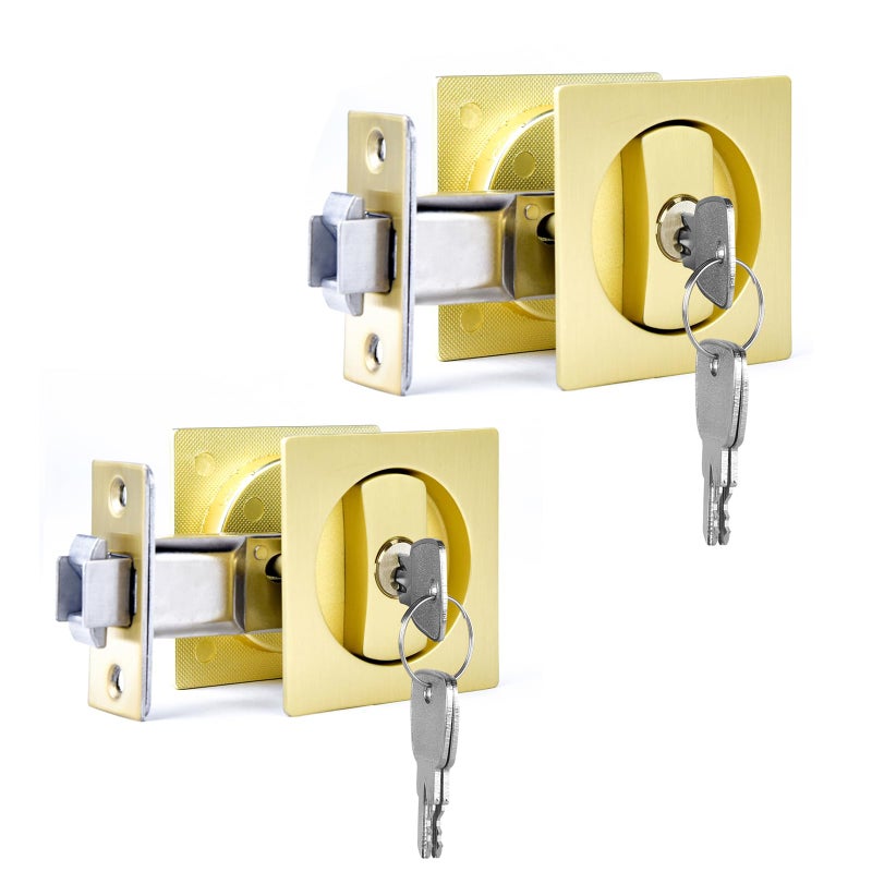 Dontay 2 Pack Pocket Door Lock with Key Contemporary Entrance Sliding Barn Door Lock Latch Recessed 2 Sided 2 38 Backset Flush Handles Hardware Excluding Edge Pull Satin Brass Square - Image 2