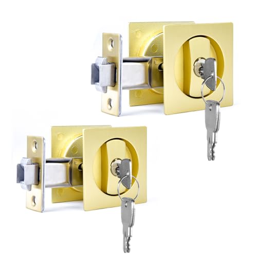 Dontay 2 Pack Pocket Door Lock with Key Contemporary Entrance Sliding Barn Door Lock Latch Recessed 2 Sided 2 38 Backset Flush Handles Hardware Excluding Edge Pull Satin Brass Square - Image 1