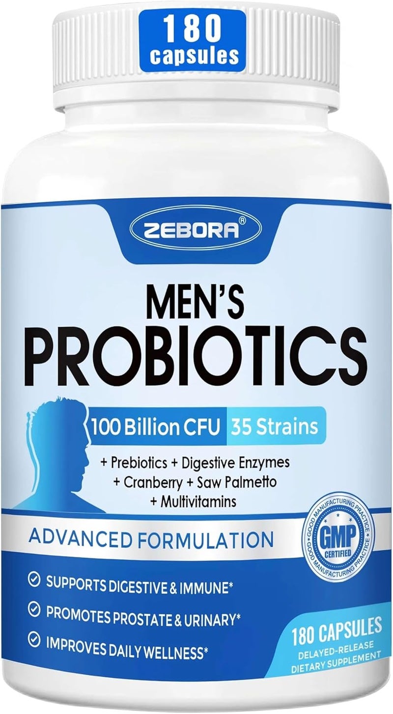 ZEBORA Probiotic for Men  100 Billion CFU Mens Probiotics for Gut Health Prebiotics  Enzymes  Saw Palmetto  Cranberry Daily Probiotic for Digestive Health 180 Caps - Image 1