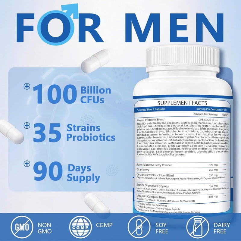 ZEBORA Probiotic for Men  100 Billion CFU Mens Probiotics for Gut Health Prebiotics  Enzymes  Saw Palmetto  Cranberry Daily Probiotic for Digestive Health 180 Caps - Image 2