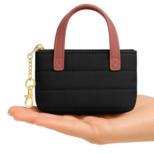 MyfavoriteK Mini Puffer Tote Bag Keychain Puffy Purse Keyring with Gold Heart Charm Cute Bag Charm Gift for Women Girls Teens Key Ring (Black) - Image 1