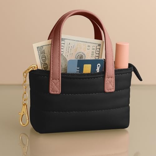 MyfavoriteK Mini Puffer Tote Bag Keychain Puffy Purse Keyring with Gold Heart Charm Cute Bag Charm Gift for Women Girls Teens Key Ring (Black) - Image 2