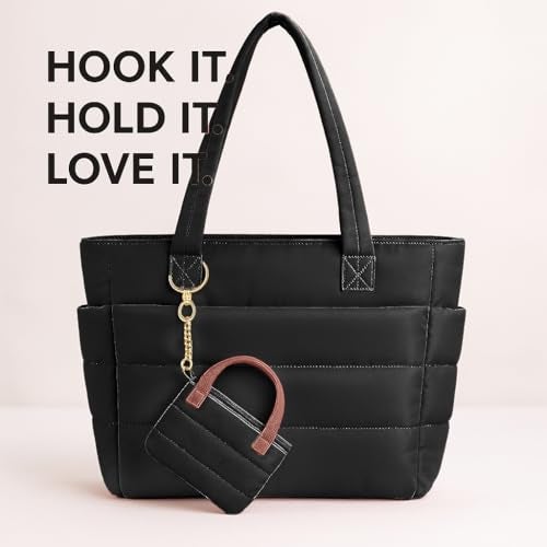 MyfavoriteK Mini Puffer Tote Bag Keychain Puffy Purse Keyring with Gold Heart Charm Cute Bag Charm Gift for Women Girls Teens Key Ring (Black) - Image 4