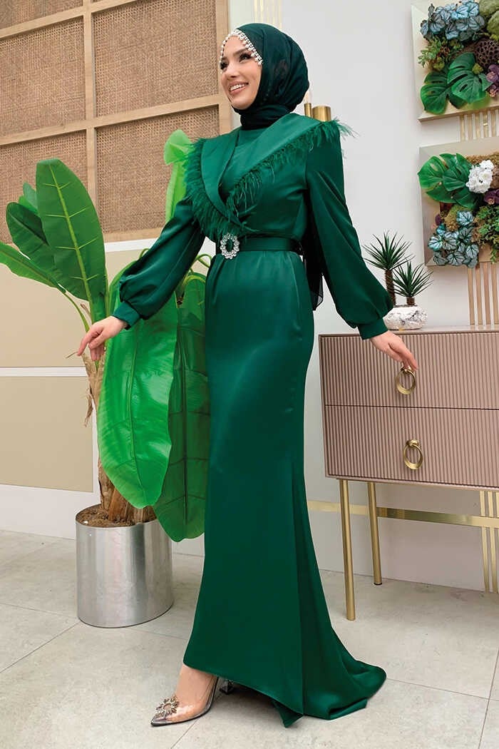 Bym Fashion Feathered Tail Belt Accessory Satin Evening Dress 3869 Emerald - Image 3