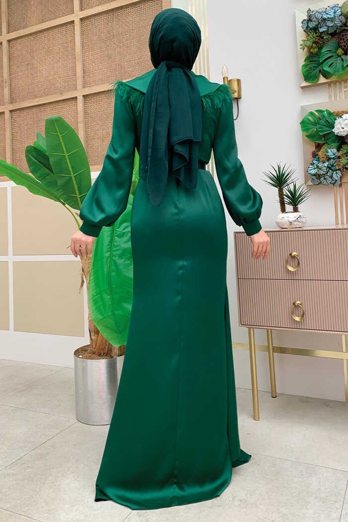 Bym Fashion Feathered Tail Belt Accessory Satin Evening Dress 3869 Emerald - Image 2