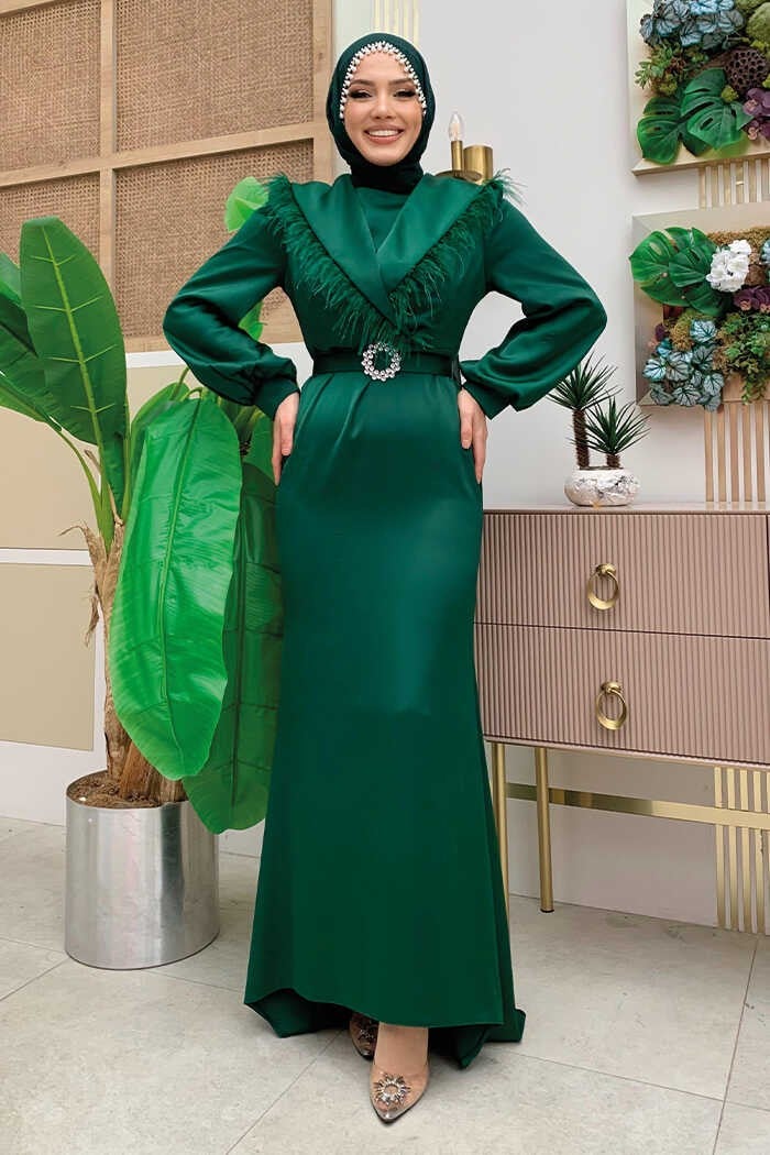 Bym Fashion Feathered Tail Belt Accessory Satin Evening Dress 3869 Emerald - Image 1