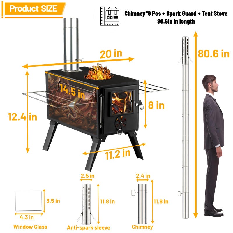 AVOFOREST Hot Tent Stove,AVOFOREST Wood Burning Stove,Small Wood Stove with 7 Stainless Chimney Pipes for Outdoor Heating & Cooking, Ice Fishing, Hunting - Image 2