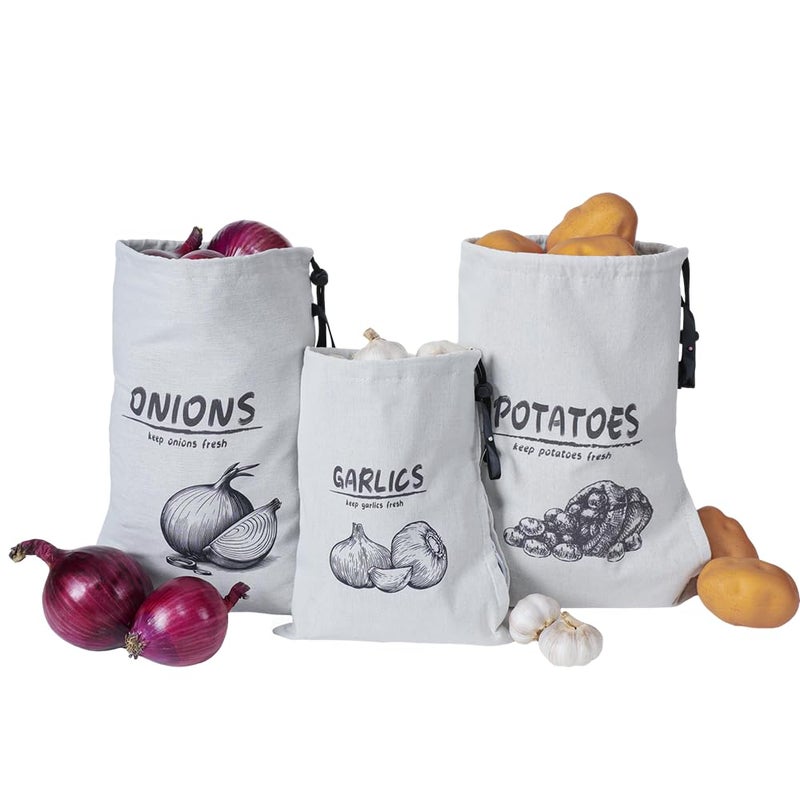 LeCorner Potato Onion Garlic Storage Bag Reusable Potato Onion and Storage Bag for Pantry Vegetable Storage Bags with Drawstring Closure 3 Packs Potato Onion Garlic Bag