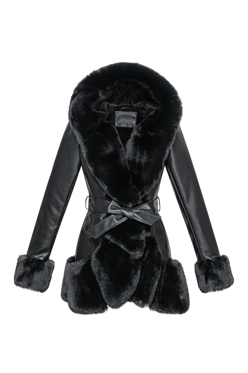 GRAN ORIENTE Womens Faux Leather Coat with Faux Fur CollarWinter Warm Belted Mid Length Trim Jacket Fur Lined with Hood 002 Black XL