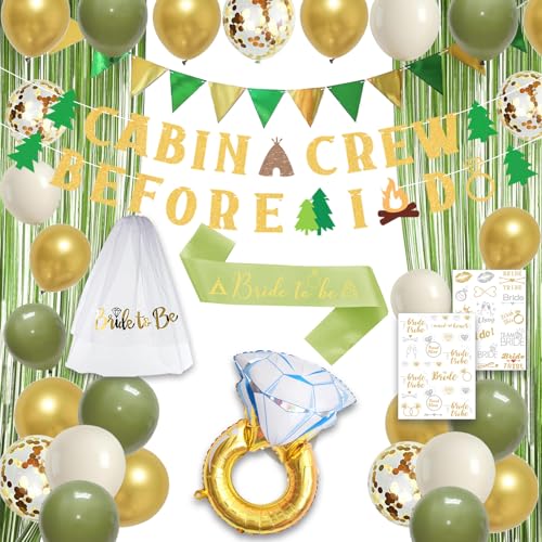 Roetyce Camp Bachelorette Party Decorations Green Bride To Be Sash Veil Fringe Curtain Cabin Crew Before I Do Banner Balloons Temporary Tattoos Kit Camping Themed Bridal Shower Wedding Decorations - Image 1