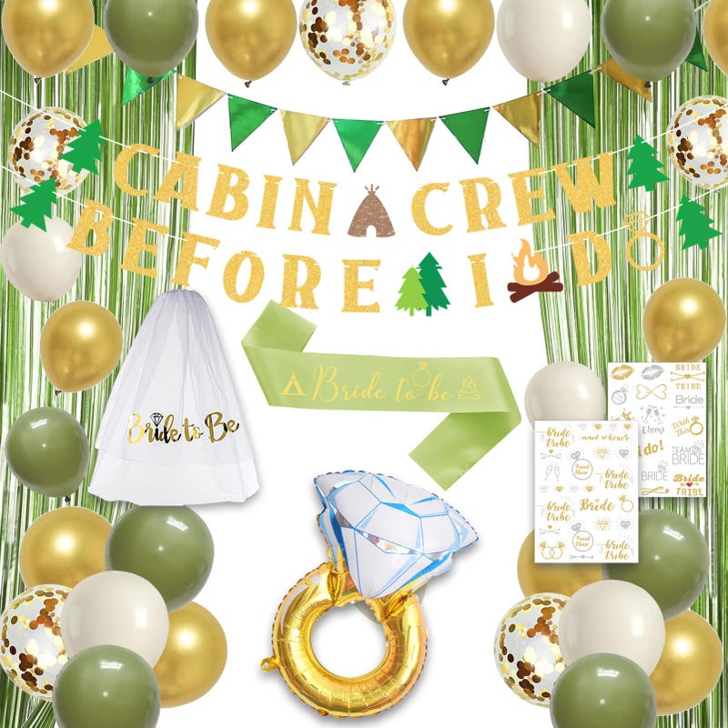 Roetyce Camp Bachelorette Party Decorations Green Bride To Be Sash Veil Fringe Curtain Cabin Crew Before I Do Banner Balloons Temporary Tattoos Kit Camping Themed Bridal Shower Wedding Decorations - Image 2