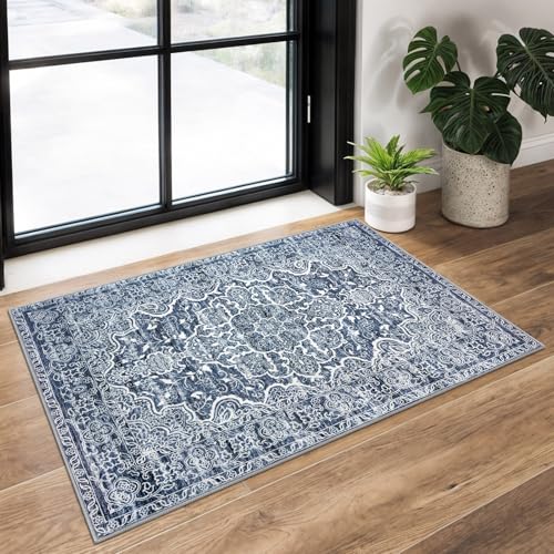 KUTA Vintage Small Area Rug 2x3 Blue White Washable Entryway Rugs Non-Slip Ultra Soft Modern Floral Doormat Printed Retro Distressed Accent Carpet Farmhouse Kitchen Throw - Image 1