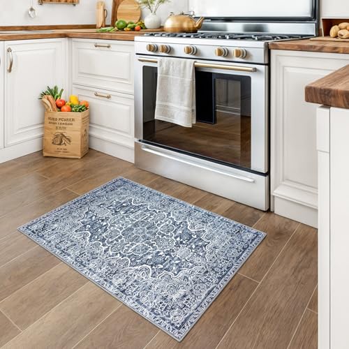 KUTA Vintage Small Area Rug 2x3 Blue White Washable Entryway Rugs Non-Slip Ultra Soft Modern Floral Doormat Printed Retro Distressed Accent Carpet Farmhouse Kitchen Throw - Image 3