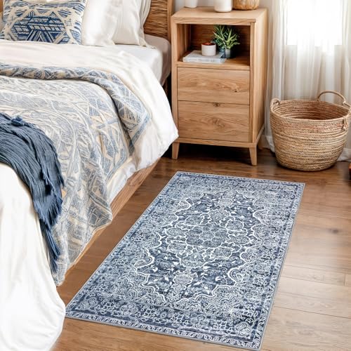 KUTA Vintage Small Area Rug 2x3 Blue White Washable Entryway Rugs Non-Slip Ultra Soft Modern Floral Doormat Printed Retro Distressed Accent Carpet Farmhouse Kitchen Throw - Image 4