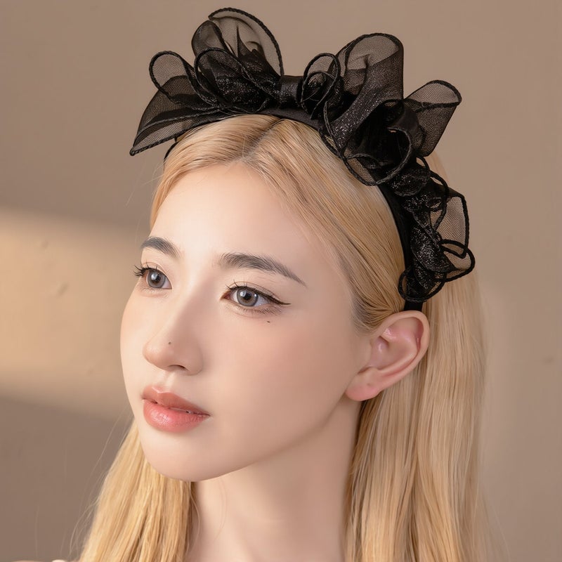 عصابة شعر ساتان كبيرة بزينة قوس للنساء، سوداء، ناعمة وغير قابلة للانزلاق - Image 4