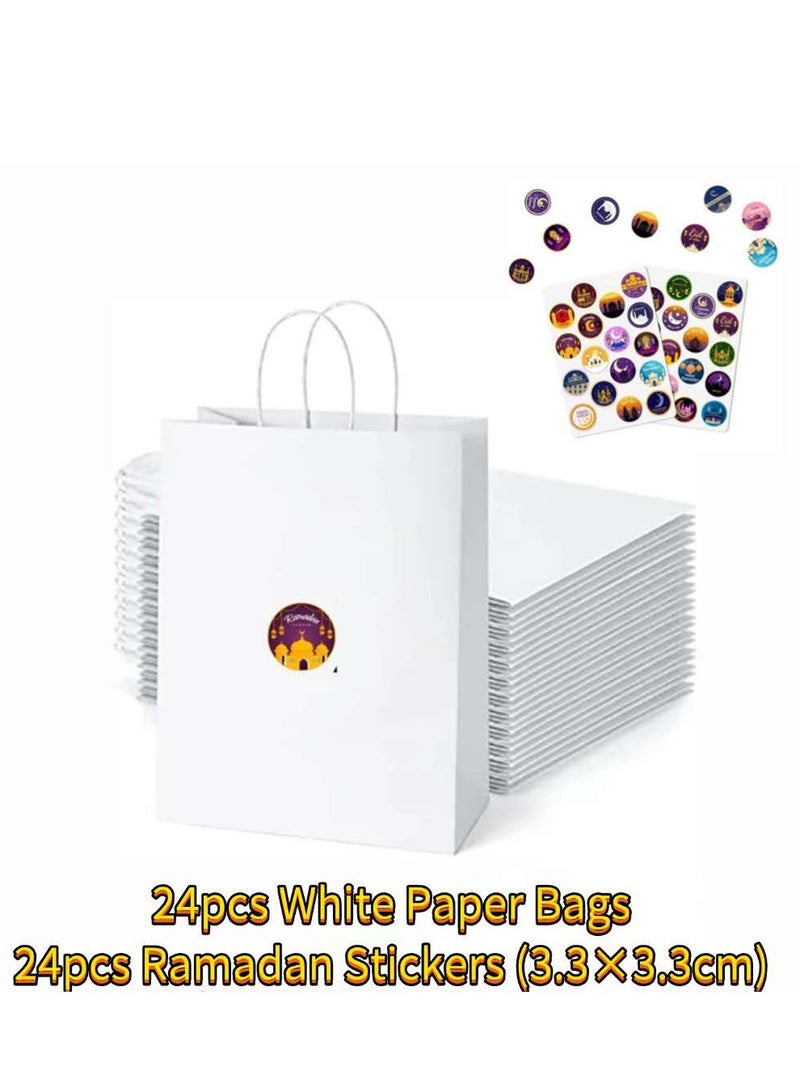 24 Pieces White Paper Bags  Gift Bags with Comfortable Handle and Ramadan Kareem Decorative Stickers(Random 24pcs) - Image 1