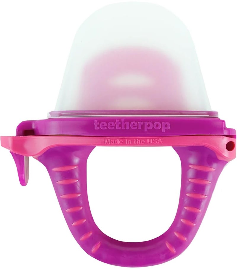 Teetherpop Fillable Silicone Teether for Babies Cooling Teething Relief Breastmilk Popsicle Molds for Teething with SpillProof Sippy Slits Pureed Baby Fruit Feeder FuchsiaPink