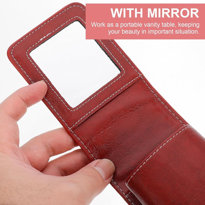 PU Leather Lipstick Pouch with Built-in Mirror Portable Lip Gloss Case for Women Cosmetic Makeup Bag Elegant Wine Red Cosmetic Holder for Travel and Daily Use - Image 2
