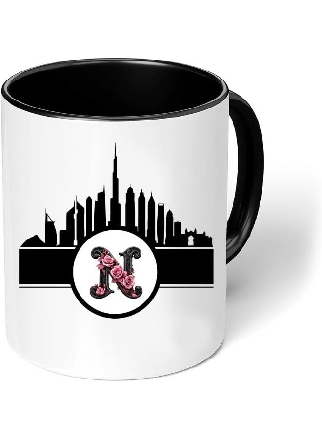 Dubai Skyline with Initial Monogram Black Coffee Mug-Perfect for Tea and Coffee Lovers-Dubai Skyline and Monogram Design-11 Oz - Image 1