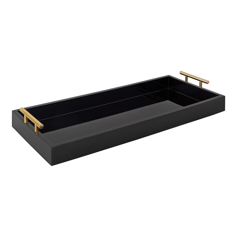 Kate and Laurel Lipton Narrow Decorative Tray with Polished Metal Handles 10 x 24 Black and Gold Chic Accent Tray for Display and Storage