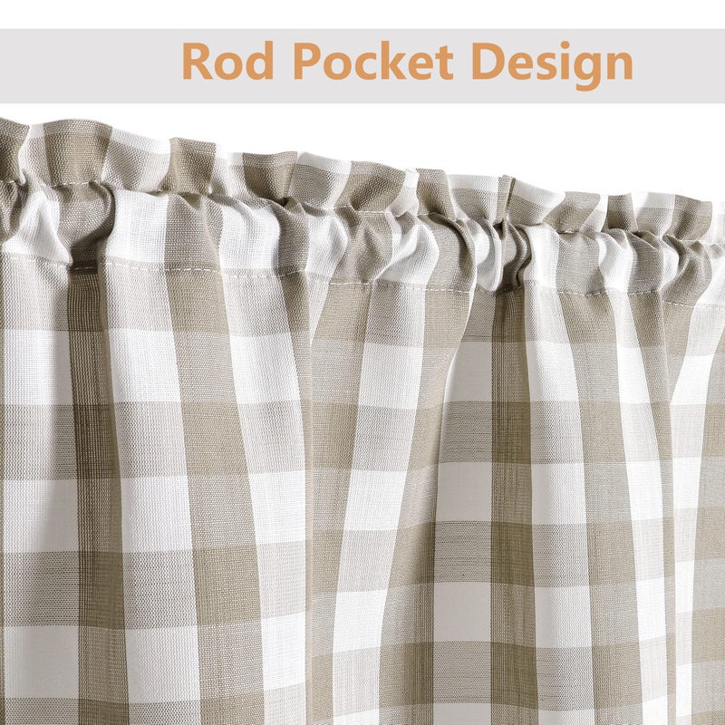 Bapawfish Beige Buffalo Plaid Swag Valances, Farmhouse Swag Kitchen Curtains 36 Inches Long, Rustic Gingham Check Small Window Short Window Treatment for Kitchens Bathroom, 28" x 36", Linen, Set of 2 - Image 2
