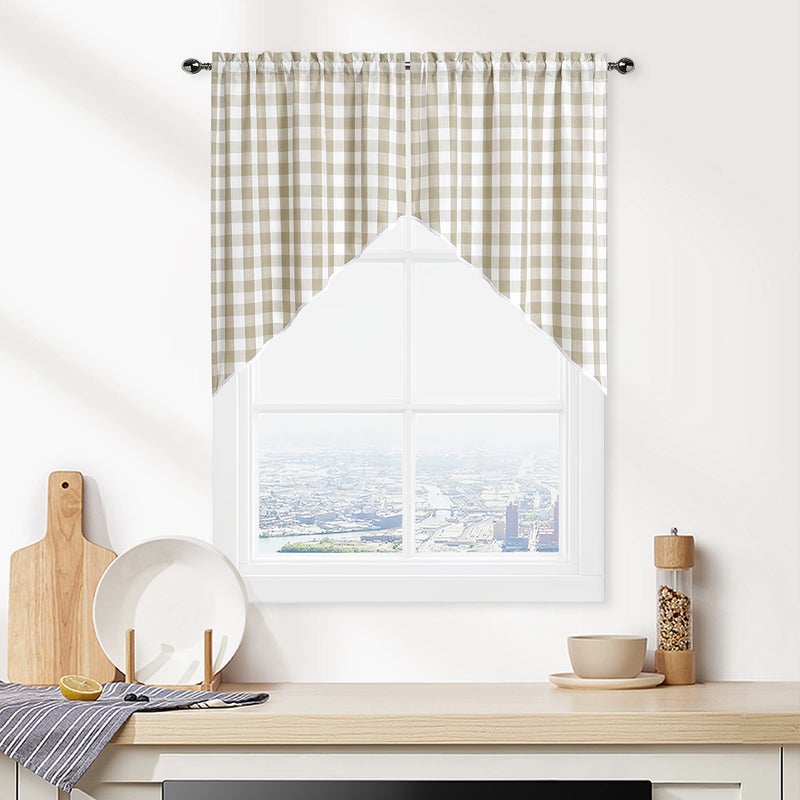 Bapawfish Beige Buffalo Plaid Swag Valances, Farmhouse Swag Kitchen Curtains 36 Inches Long, Rustic Gingham Check Small Window Short Window Treatment for Kitchens Bathroom, 28" x 36", Linen, Set of 2 - Image 1