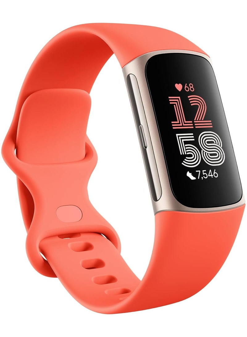 Fitbit Charge 6 Fitness Tracker with Google apps, Heart Rate on Exercise Equipment, GPS, Health Tools and More, Coral/Light Gold, One Size (S & L Bands Included) - Image 1