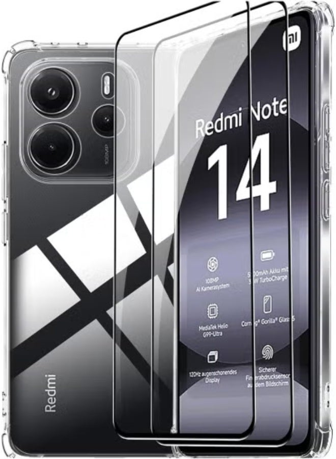 JAJEEK Redmi Note 14 4G Case with 2-Pack Screen Protector | 6.67-Inch Transparent TPU Case with Black Edge | Shockproof Four-Corner Airbag Bumper Cover | Full Coverage Tempered Glass | Flexible Soft Case (Not Compatible with 5G Models) - Image 1