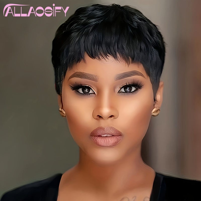 Ynthetic Highlight Mixed Black Straight Bob Pixie Cut Wig For Women Heat Fiber 6inch 100% Density DM29 - Image 1